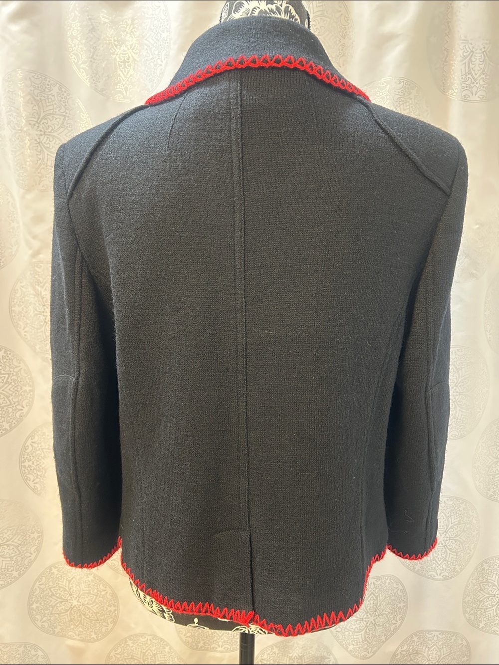 Black Wool Sweater Blazer Jacket Cardigan Red Trim Women Large L - Picture 7 of 16